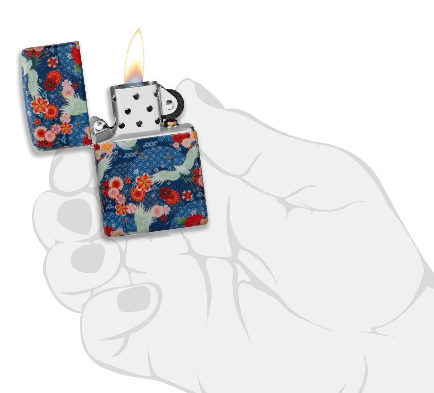 Zippo Feuerzeug Kimono 540 Grad Design mit weißen großen Vögeln und roten Blumen geöffnet mit Flamme in stilisierter Hand