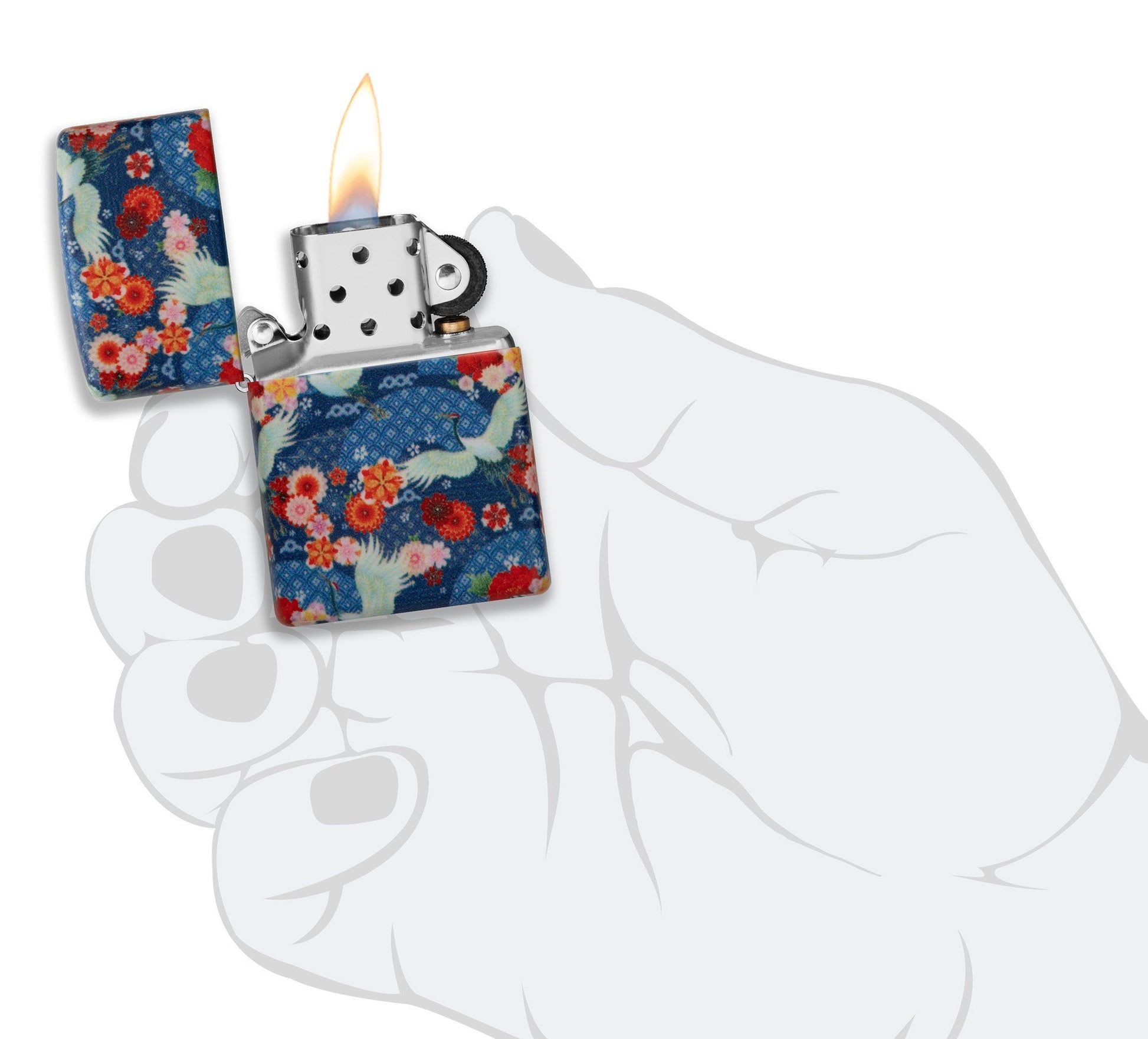 Zippo Feuerzeug Kimono 540 Grad Design mit weißen großen Vögeln und roten Blumen geöffnet mit Flamme in stilisierter Hand