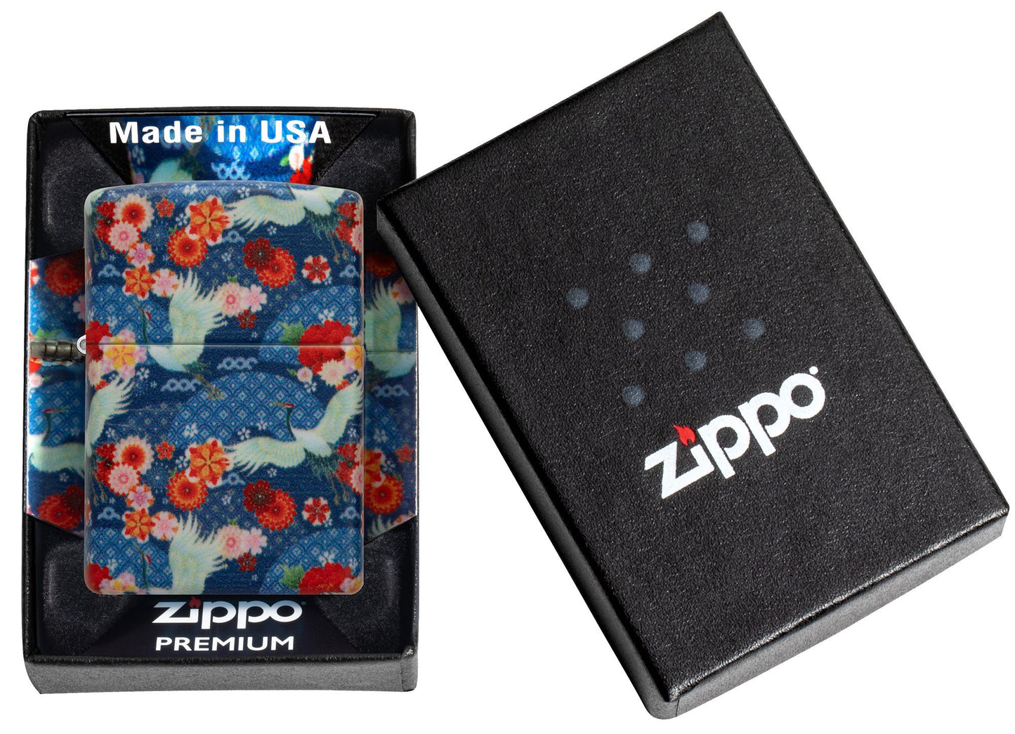 Zippo Feuerzeug Kimono 540 Grad Design mit weißen großen Vögeln und roten Blumen in offener Geschenkbox