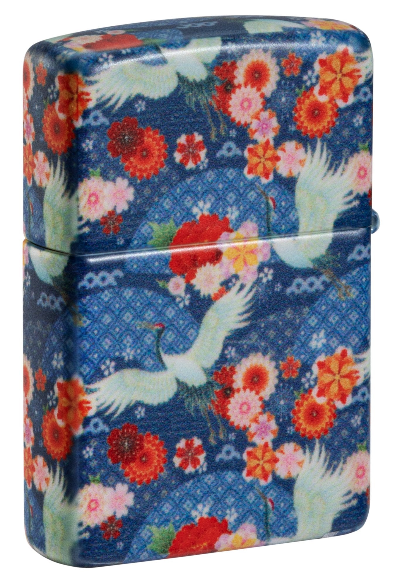 Rückansicht 3/4 Winkel Zippo Feuerzeug Kimono 540 Grad Design mit weißen großen Vögeln und roten Blumen