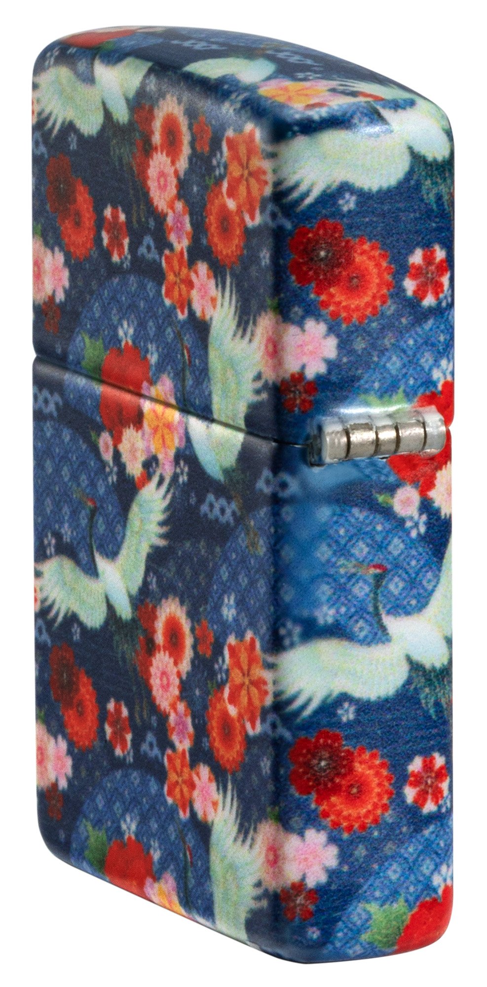 Seitenansicht hinten 3/4 Winkel Zippo Feuerzeug Kimono 540 Grad Design mit weißen großen Vögeln und roten Blumen