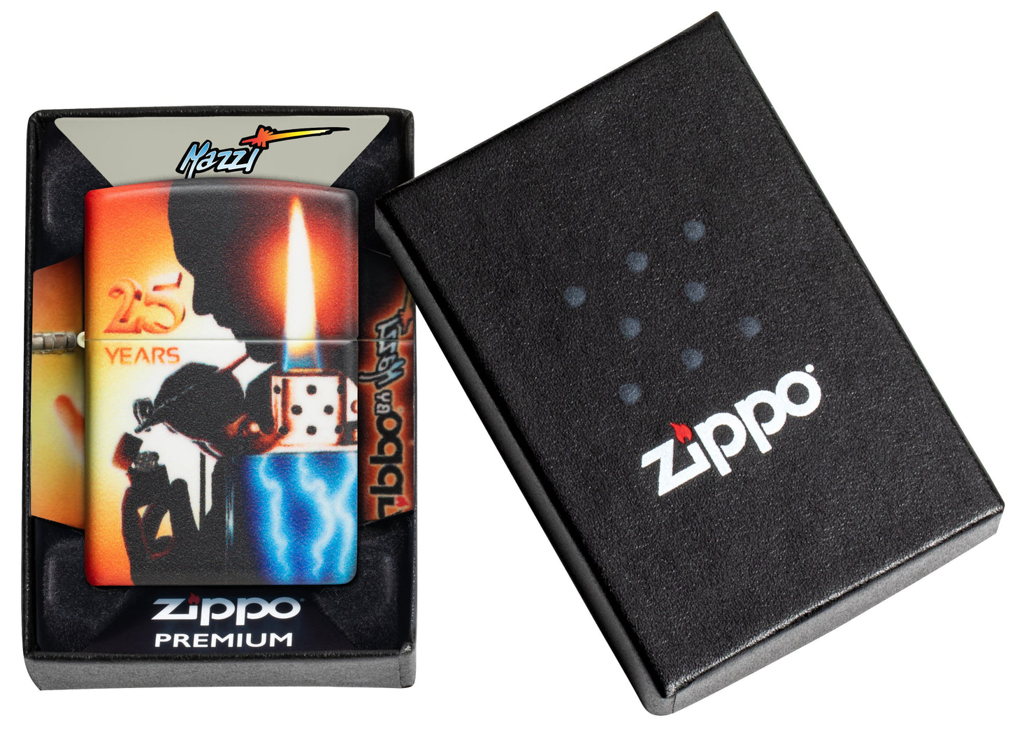Zippo Feuerzeug 25 Jahre Collectible Airbrush Claudio Mazzi 540 Grad Design in geöffneter Premium Geschenkbox