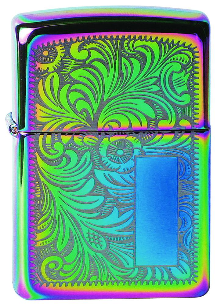Frontansicht 3/4 Winkel Zippo Feuerzeug Frontansicht Zippo Feuerzeug High Polish Chrome mehrfarbig mit venezianischem Design und Initialplatte