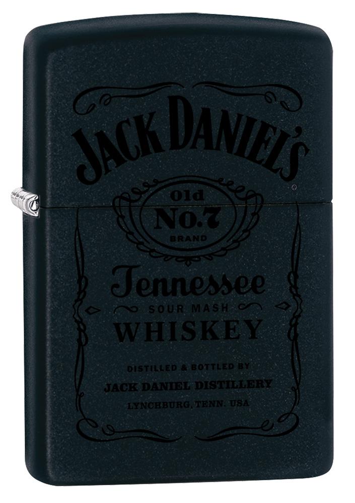 Frontansicht 3/4 Winkel Zippo Feuerzeug schwarz Jack Daniel's Logo