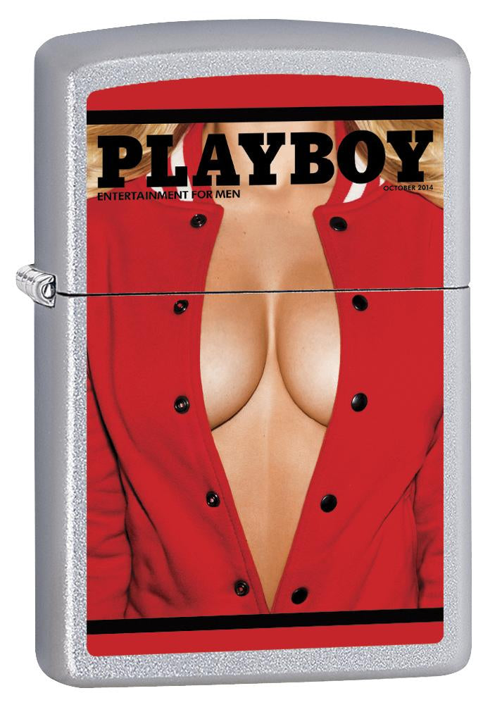 Frontansicht 3/4 Winkel Zippo Feuerzeug chrom mit Playboycover October 2014