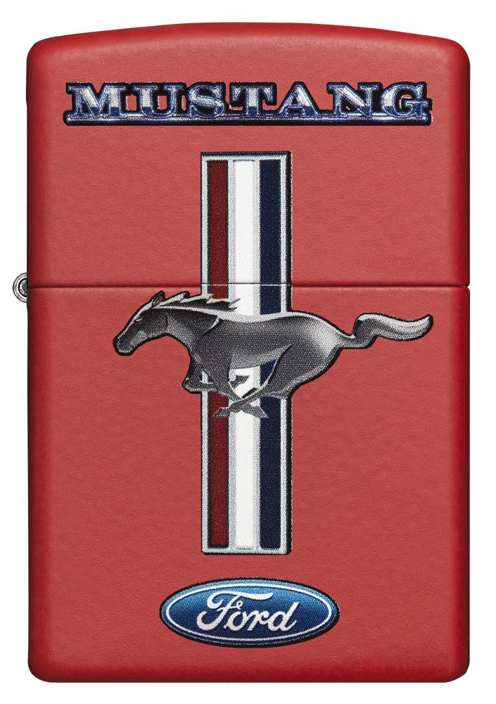 Frontansicht Zippo Feuerzeug rot mit Ford Mustang Logo