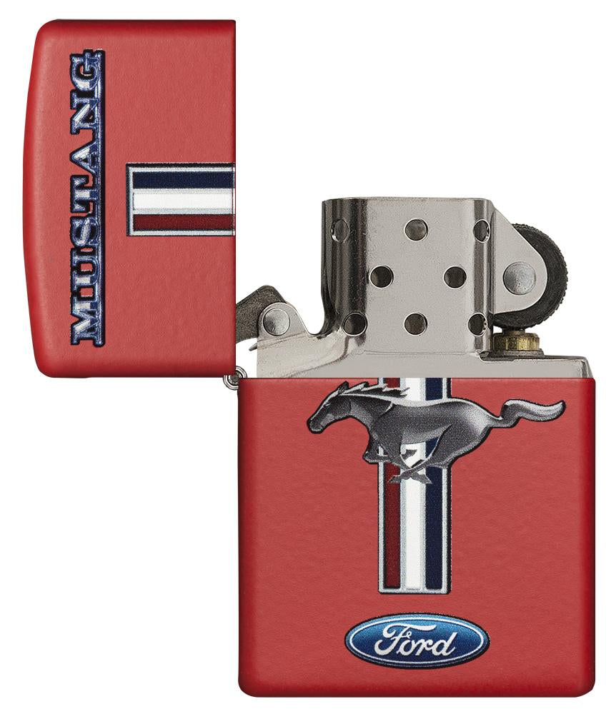 Zippo Feuerzeug rot mit Ford Mustang Logo geöffnet
