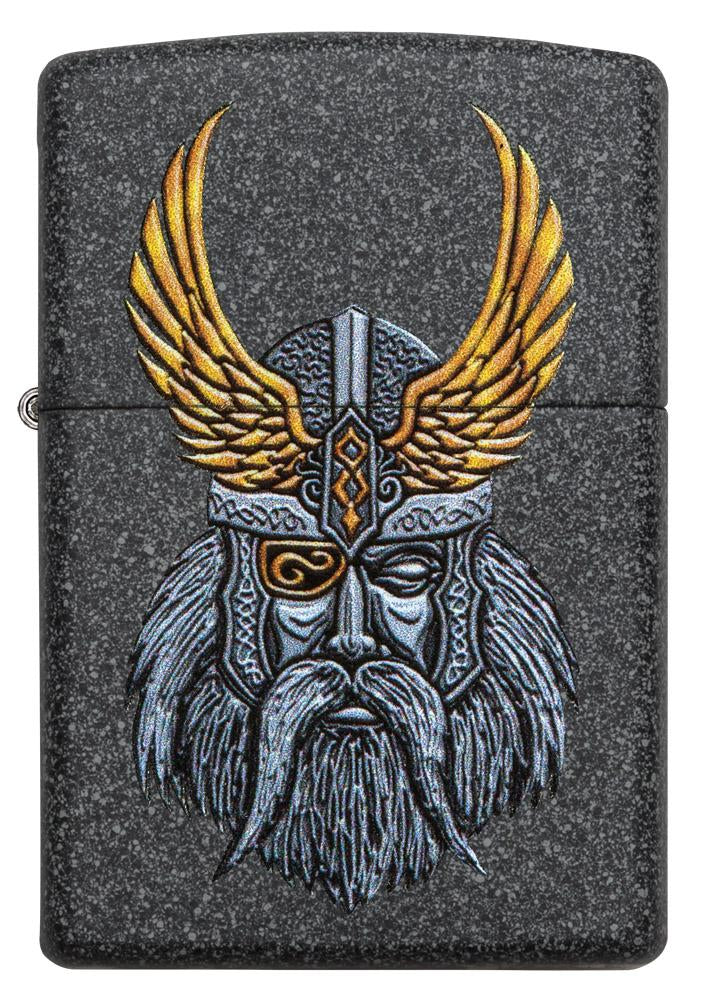 Frontansicht Zippo Feuerzeug grau mit dem Kopf von Göttervater Odin