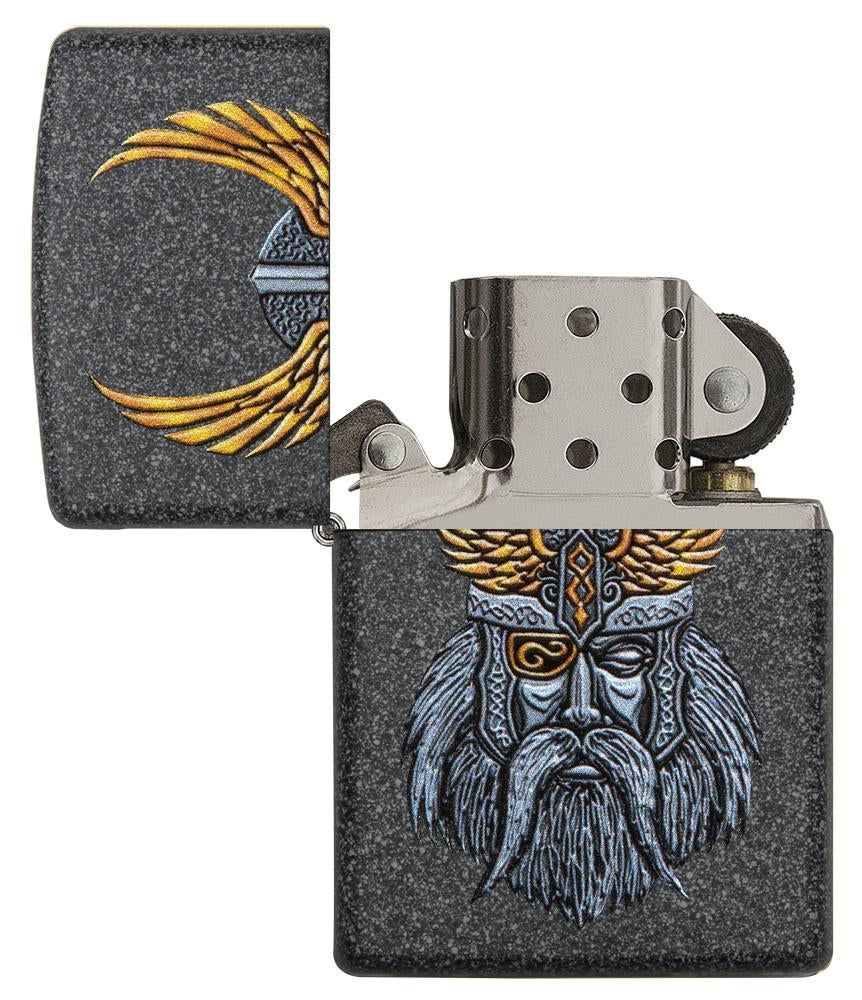 Zippo Feuerzeug grau mit dem Kopf von Göttervater Odin geöffnet