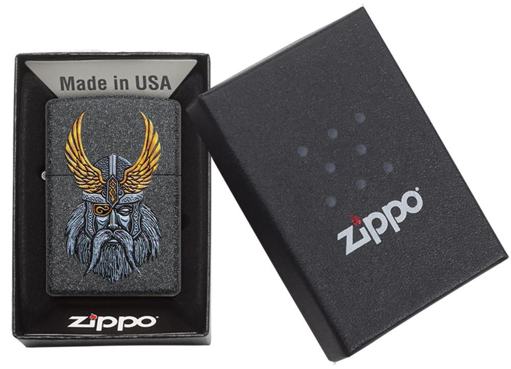 Zippo Feuerzeug grau mit dem Kopf von Göttervater Odin in offener Geschenkbox