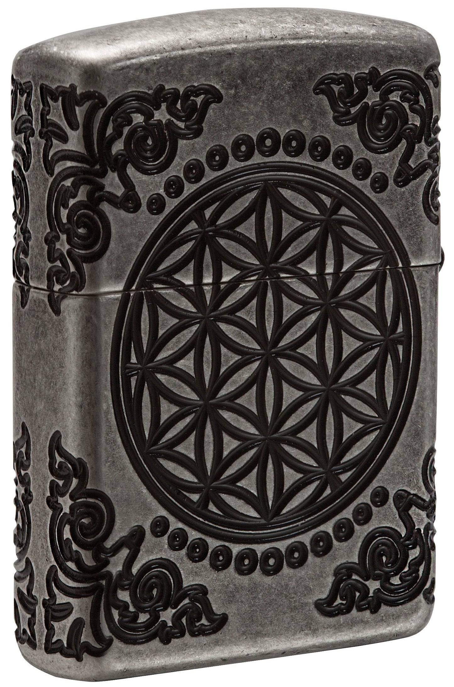 Rückseite 3/4 Winkel Zippo Feuerzeug chrom antik Lebensbaum mit Schnörkeln tief eingraviert