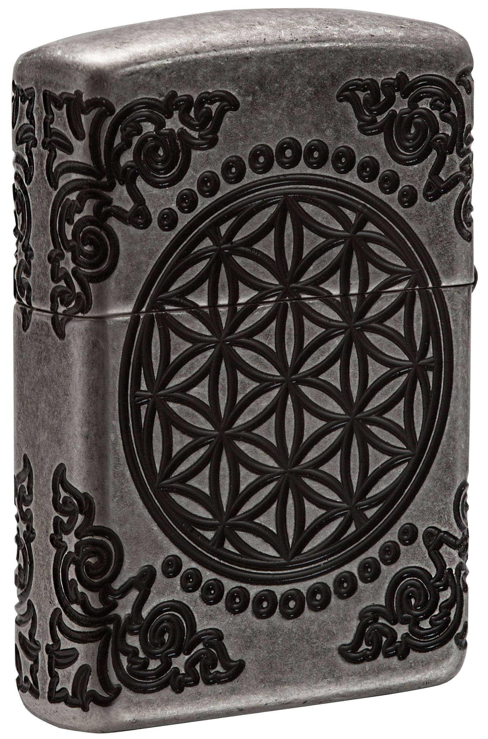 Rückseite 3/4 Winkel Zippo Feuerzeug chrom antik Lebensbaum mit Schnörkeln tief eingraviert