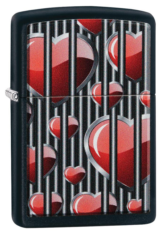 Frontansicht 3/4 Winkel Zippo Feuerzeug schwarz Herzen hinter Gittern