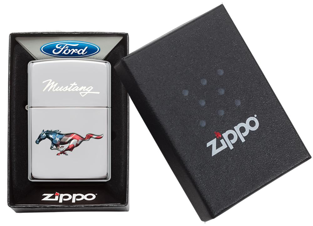 Zippo Feuerzeug Chrom Mustang Pferd in Farben der US Flagge in offener Box