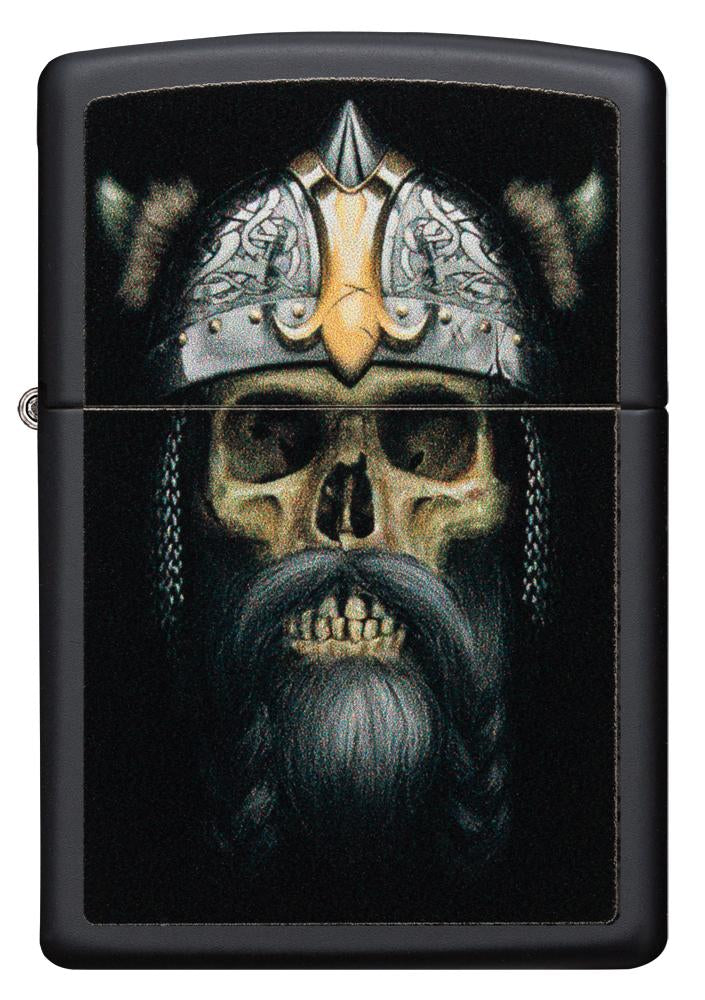 Frontansicht Zippo Feuerzeug schwarz Wikinger Totenkopf mit Bart und Helm
