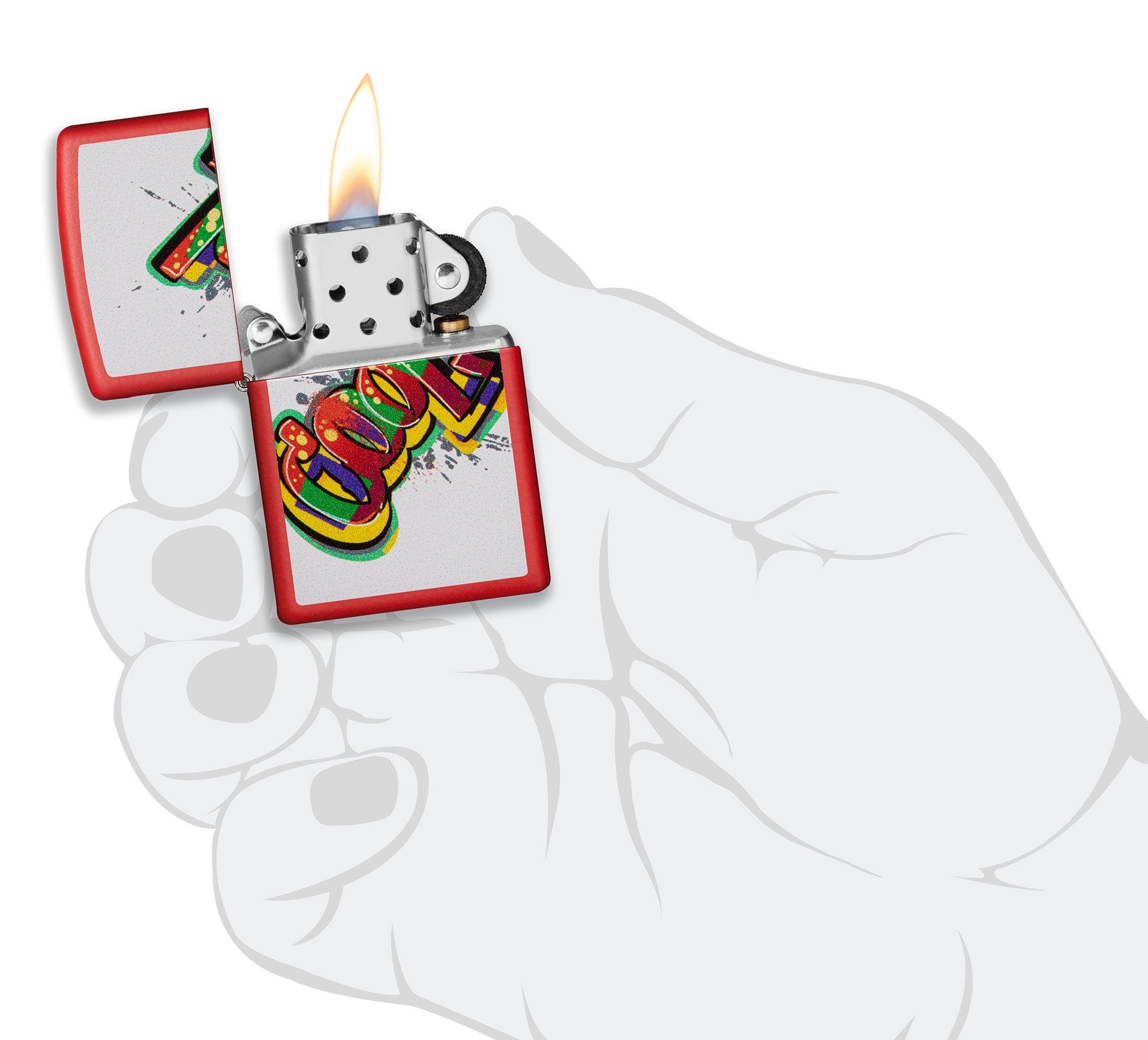 Zippo Feuerzeug Frontansicht rot matt geöffnet und angezündet mit "Cool" Schriftzug in verschiedenen Farben auf weißem Hintergrund in stilisierter Hand