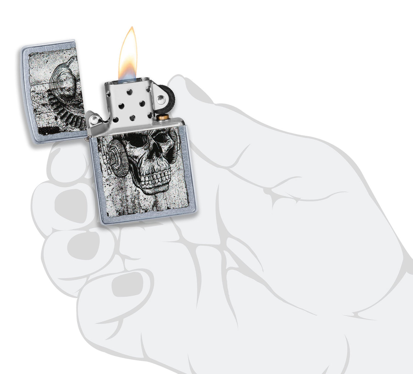 Zippo Feuerzeug chrom Totenkopf mit Kopfhörern geöffnet mit Flamme in stilisierter Hand