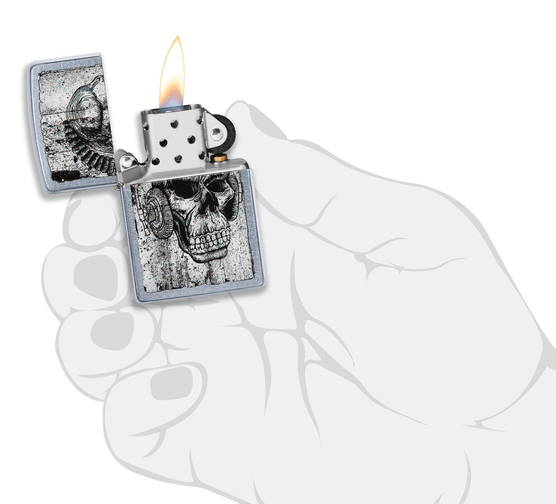 Zippo Feuerzeug chrom Totenkopf mit Kopfhörern geöffnet mit Flamme in stilisierter Hand