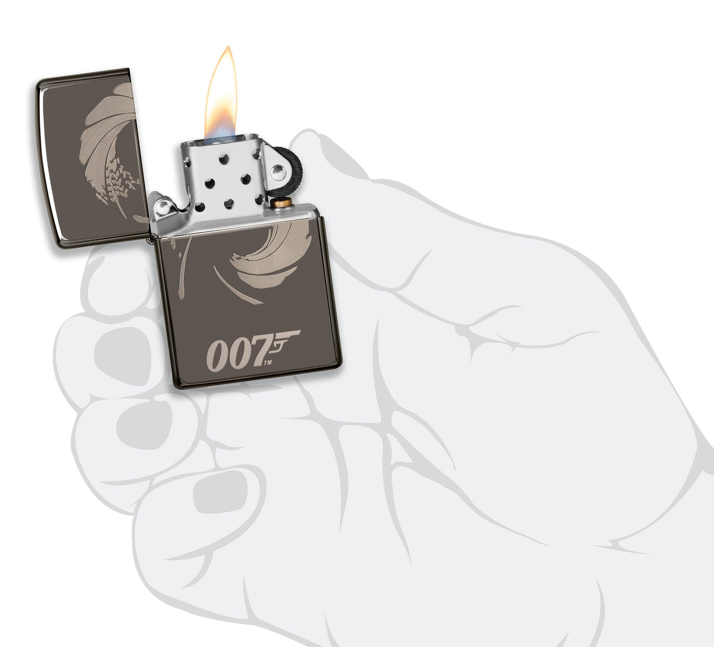 Zippo Feuerzeug James Bond 007 grau geöffnet mit Flamme in  stilisierter Hand