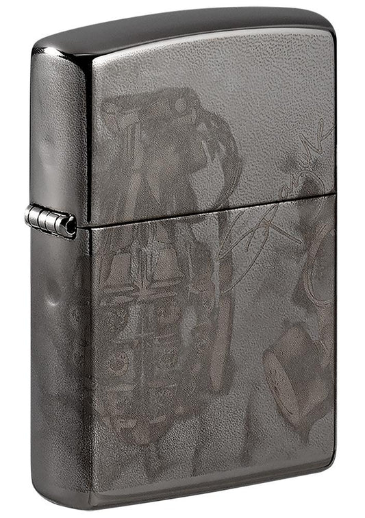 Frontansicht 3/4 Winkel Zippo Feuerzeug High Polish Schwarz mit Design des Künstlers Spazuk