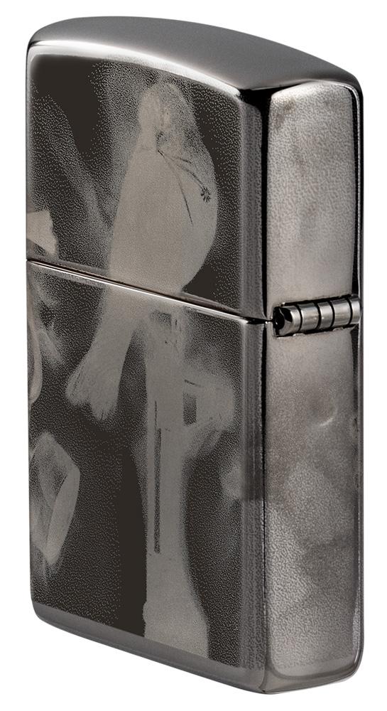 Rückansicht von der Seite Zippo Feuerzeug High Polish Schwarz mit Design des Künstlers Spazuk