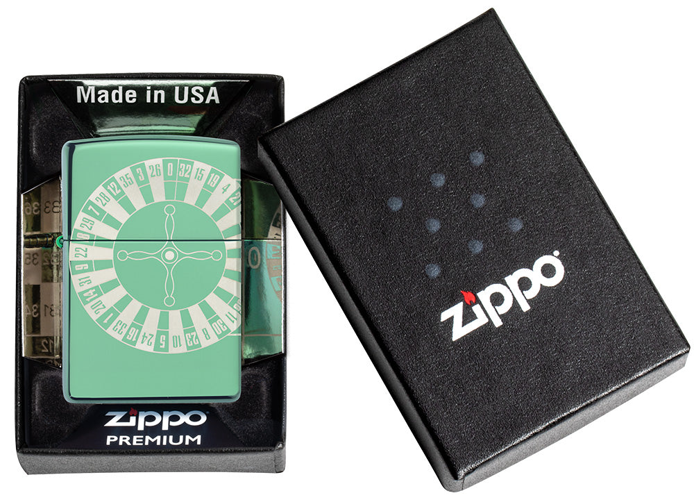 Zippo Feuerzeug High Polish Green mit Roulettetisch in offener Schachtel