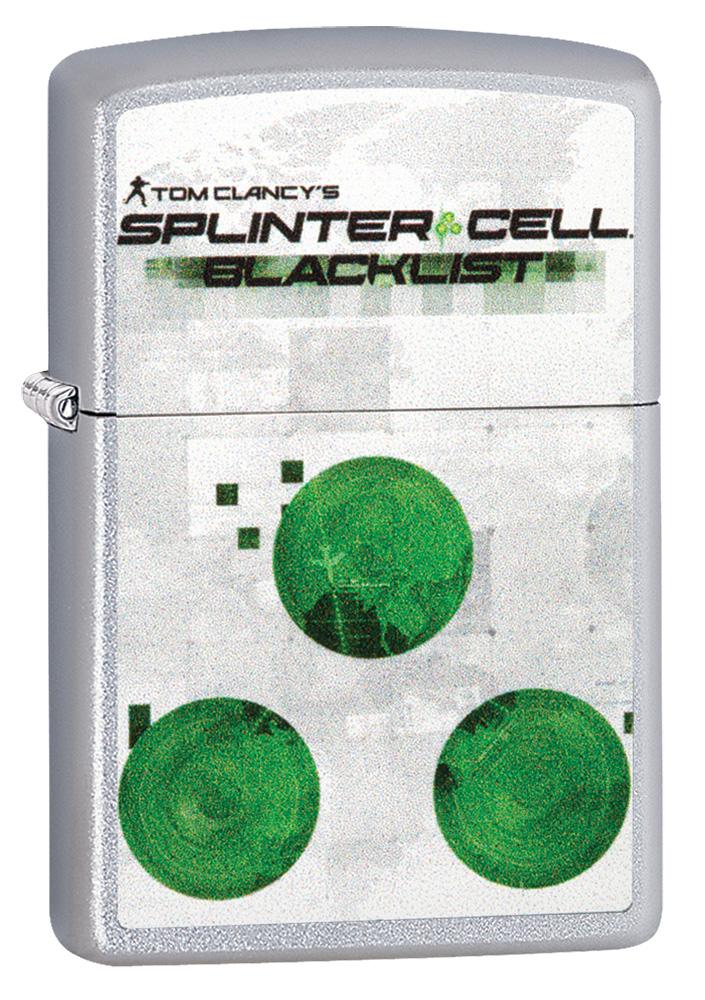 Frontansicht 3/4 Winkel Zippo Feuerzeug Chrome gebürstet Tom Clancys Splinter Cell® mit Motiv