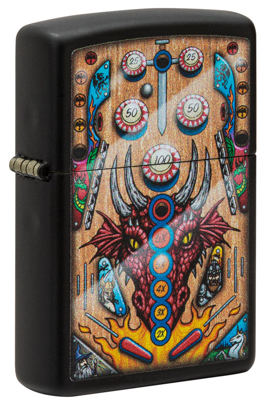 Frontansicht 3/4 Winkel Zippo Feuerzeug Pinball Flipper Design mit Drachenkopf