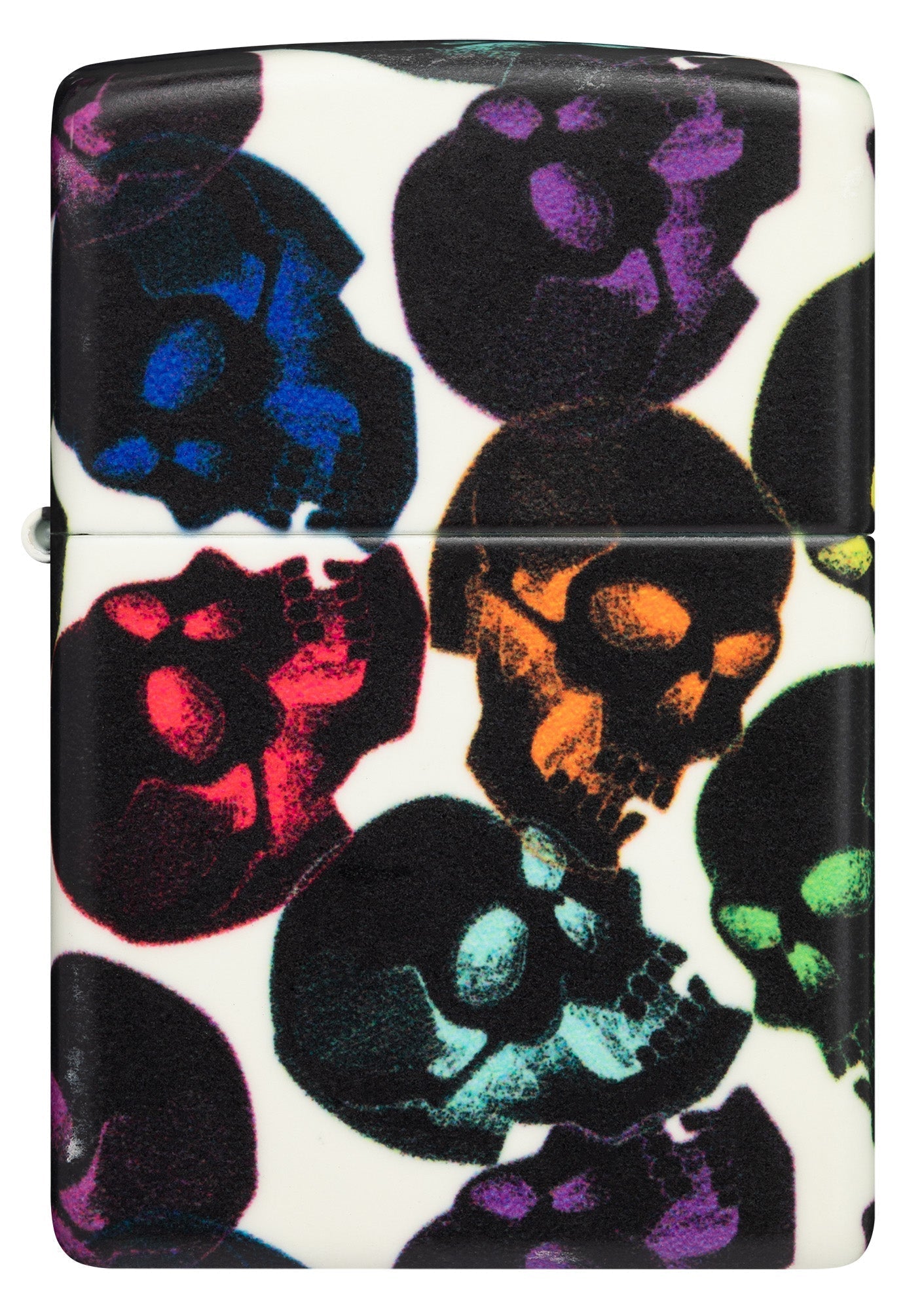 Zippo Feuerzeug Frontansicht Skulls Design mit einigen bunten Totenköpfen leuchten in der Nacht