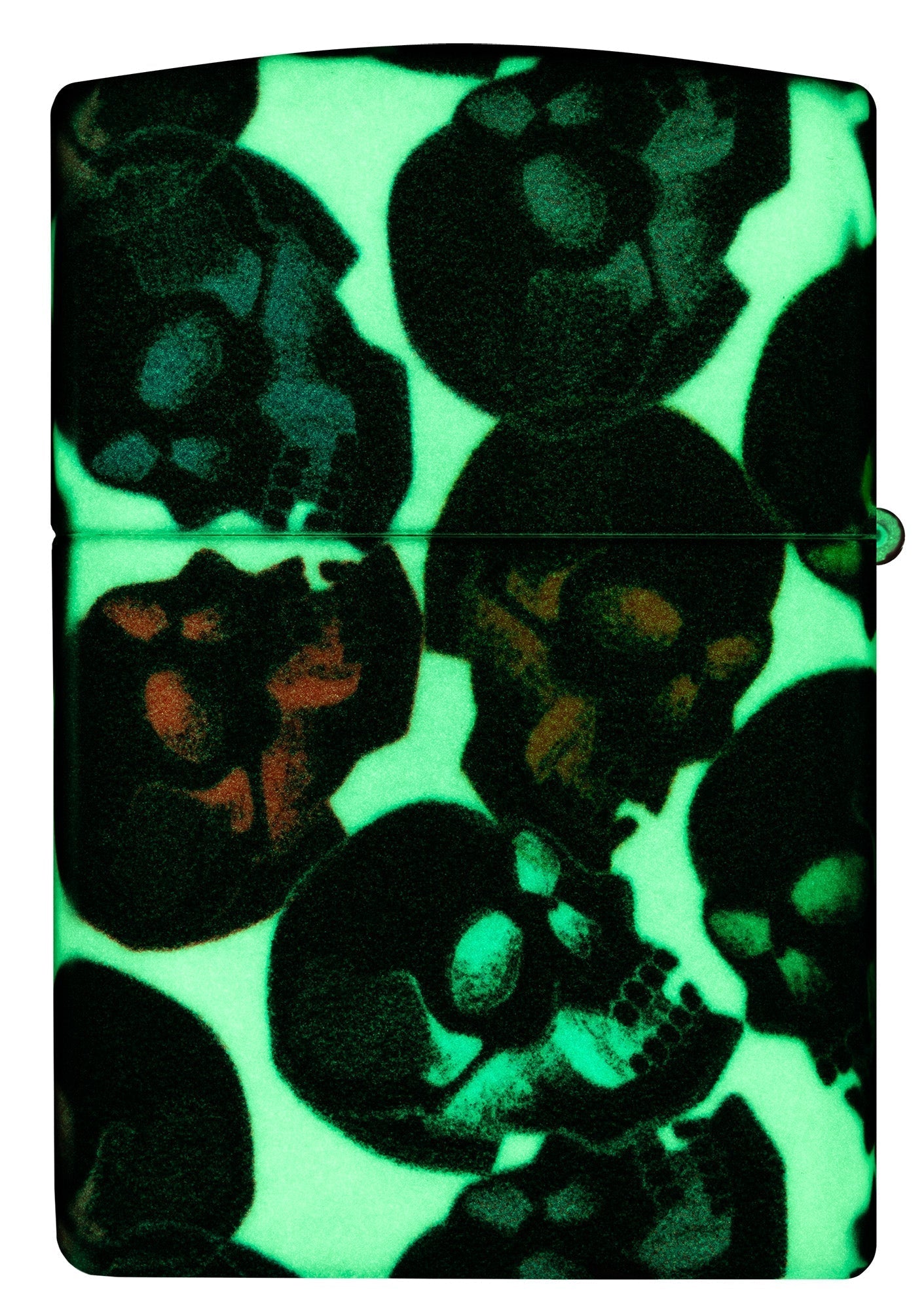 Zippo Feuerzeug Rückansicht Skulls Design mit einigen bunten Totenköpfen leuchten in der Nacht