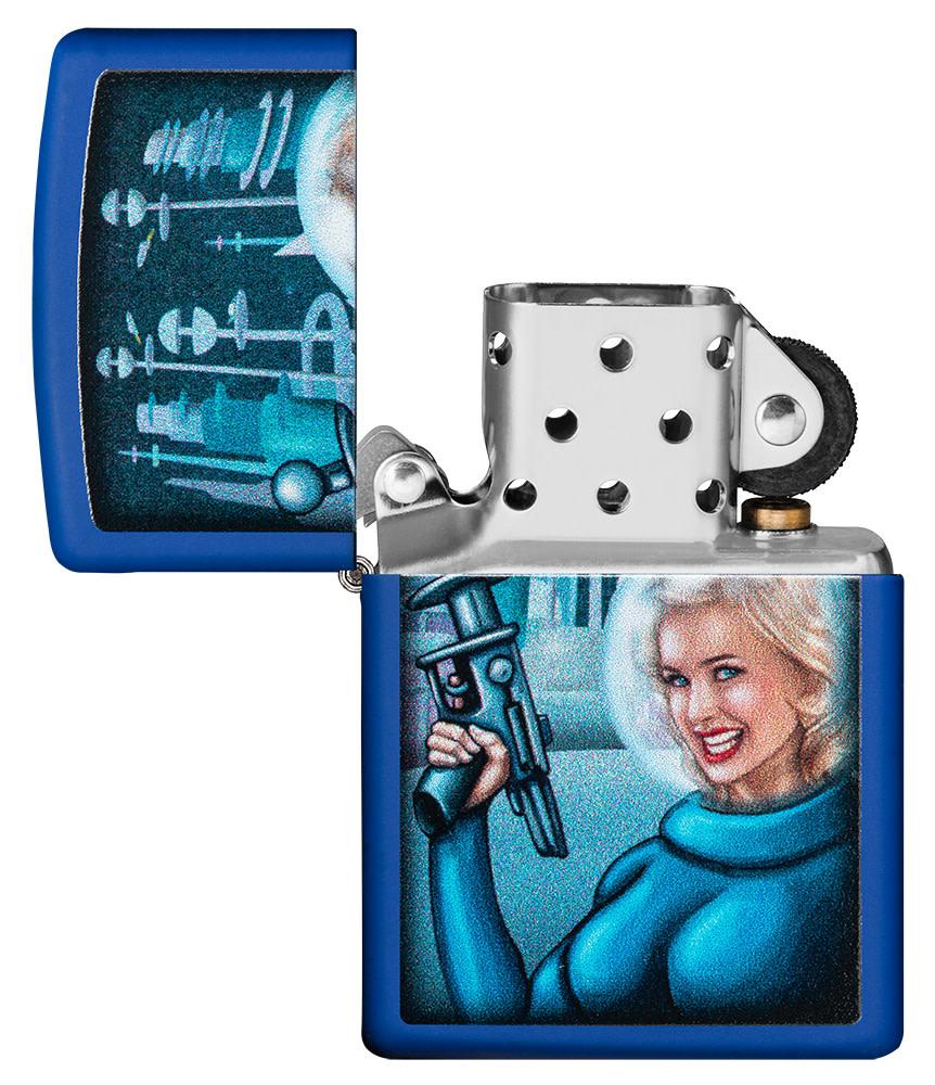 Zippo Feuerzeug Retro Futuristic Royal Blau Pinup Frau mit Strahlenpistole Web Debut geöffnet ohne Flamme