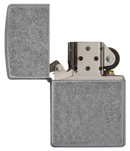 Zippo Feuerzeug Frontansicht Basismodell geöffnet in antiker Silber Optik