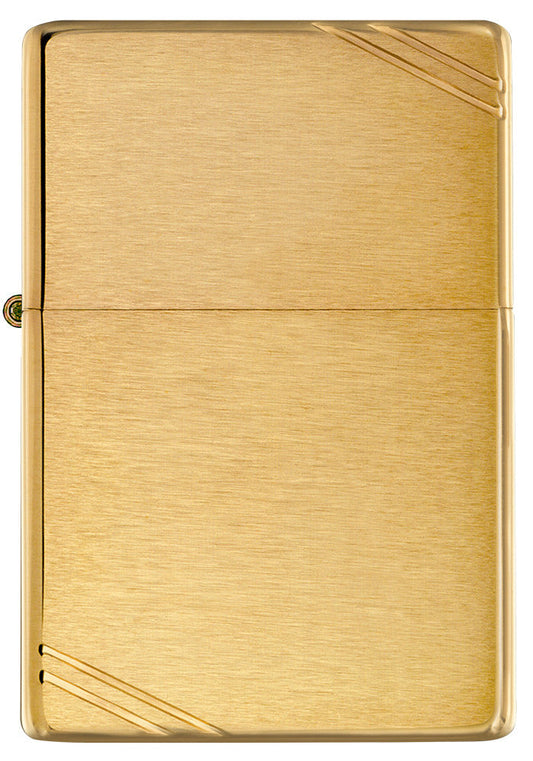 Frontansicht Zippo Feuerzeug Vintage Brass Brushed mit dekorativen Schrägstrichen an beiden Ecken