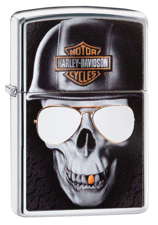 Frontansicht 3/4 Winkel Zippo Feuerzeug chrom Harley Davidson großer Totenkopf mit Helm