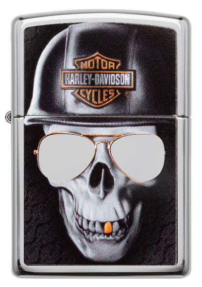 Frontansicht Zippo Feuerzeug chrom Harley Davidson großer Totenkopf mit Helm