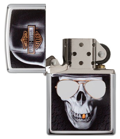 Zippo Feuerzeug chrom Harley Davidson großer Totenkopf mit Helm geöffnet