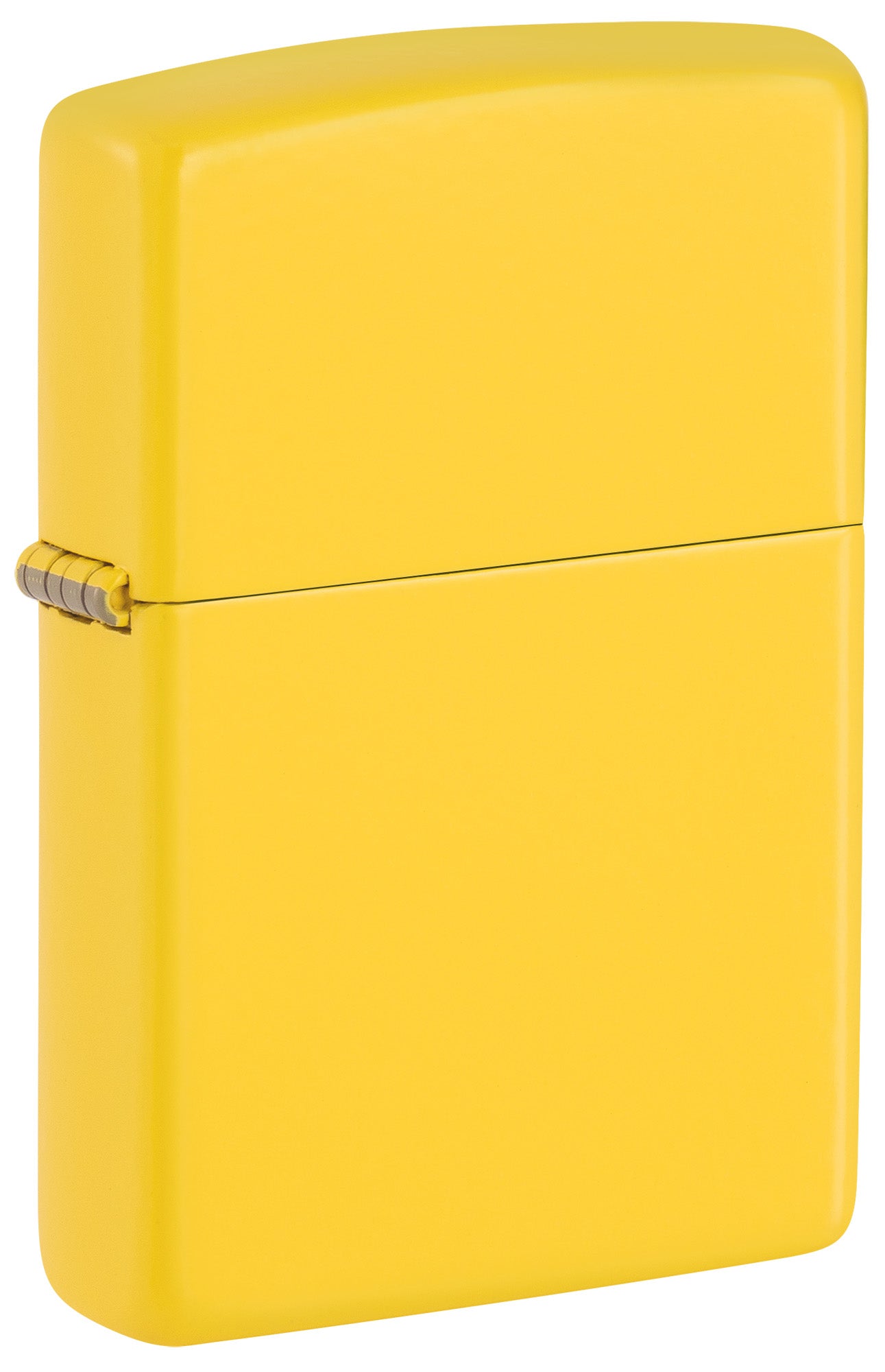 Ein gelbes Zippo-Feuerzeug steht geschlossen vor einem weißen Hintergrund, wobei die Scharniere links sichtbar sind.