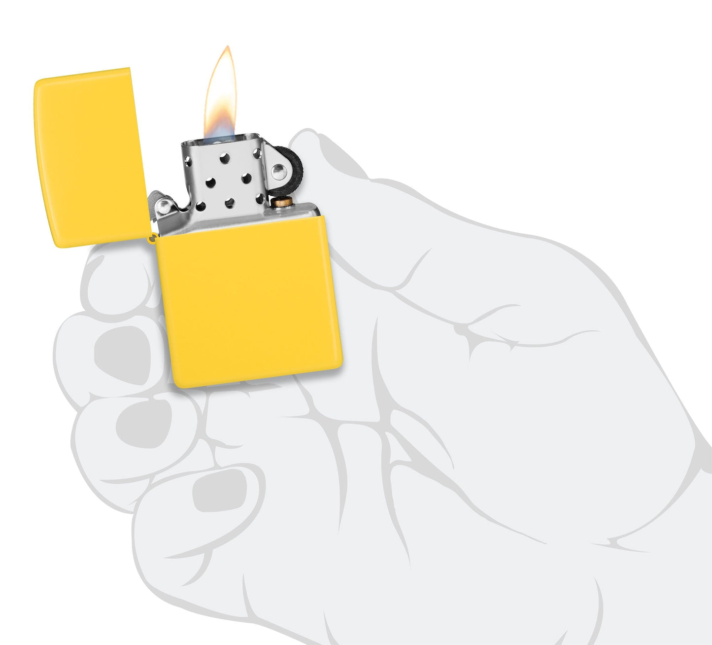 Ein gelbes Zippo-Feuerzeug brennt mit offener Flamme, gehalten von einer gezeichneten Hand auf einem weißen Hintergrund.