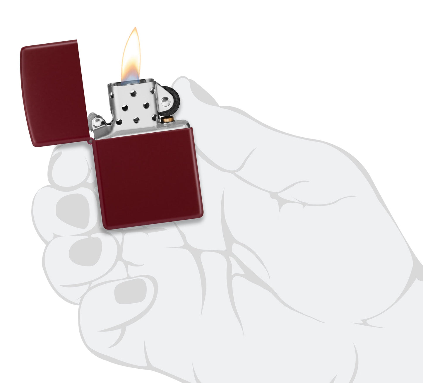 Ein dunkelrotes Zippo-Feuerzeug mit offener Flamme wird von einer grauen Handillustration gehalten, vor einem weißen Hintergrund.