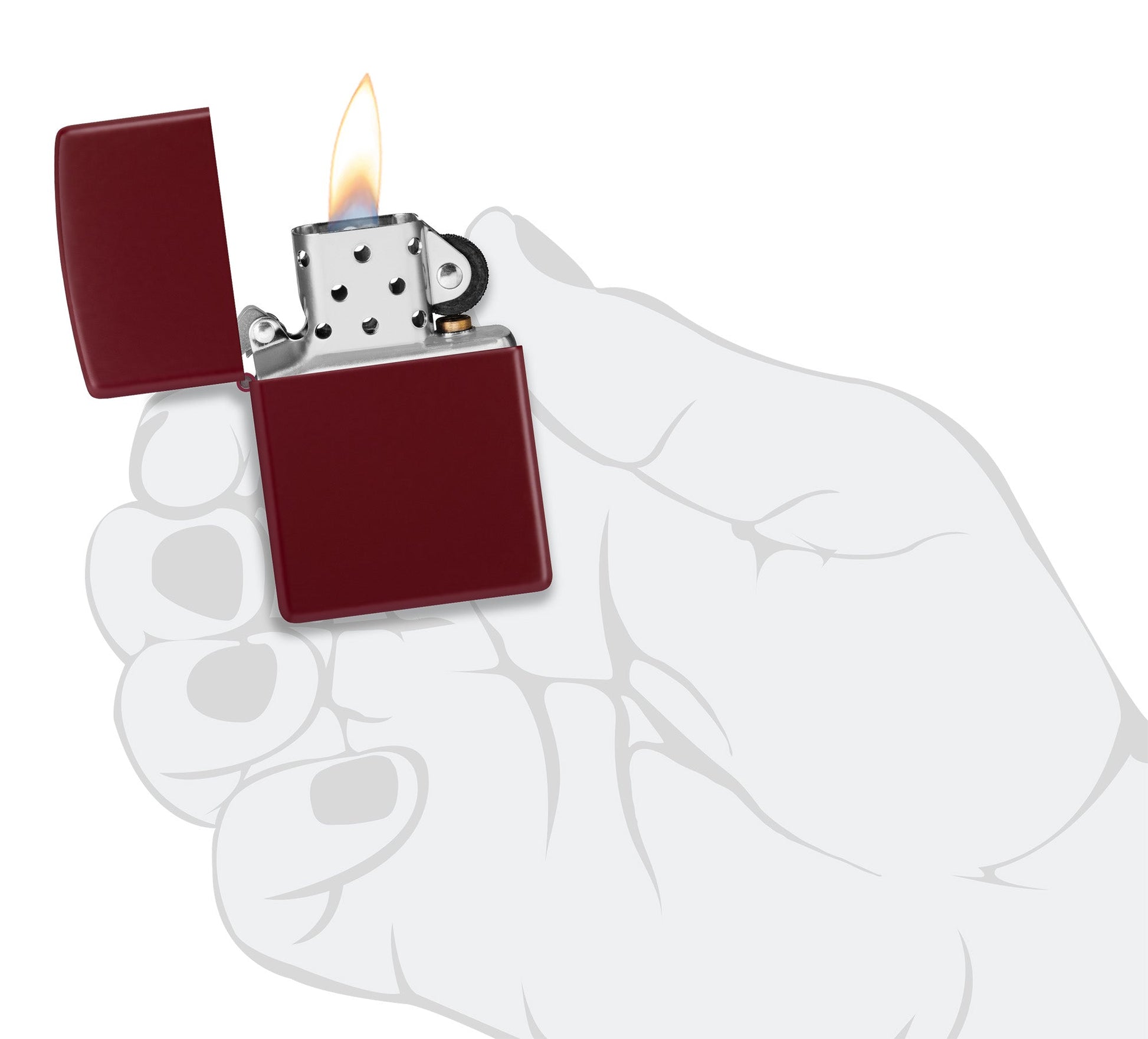 Ein dunkelrotes Zippo-Feuerzeug mit offener Flamme wird von einer grauen Handillustration gehalten, vor einem weißen Hintergrund.