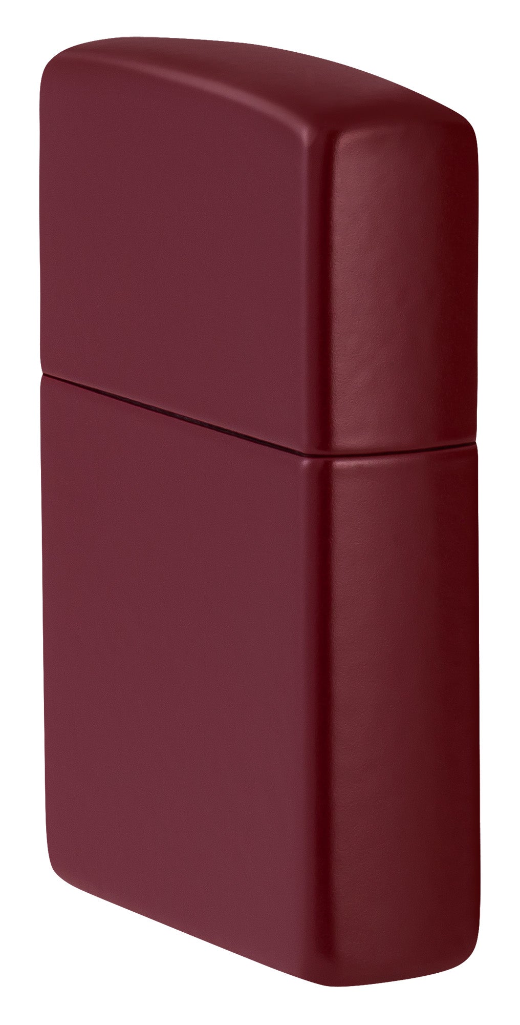 Ein rotes Zippo-Feuerzeug steht aufrecht ohne sichtbares Design oder Detail in neutraler Umgebung.