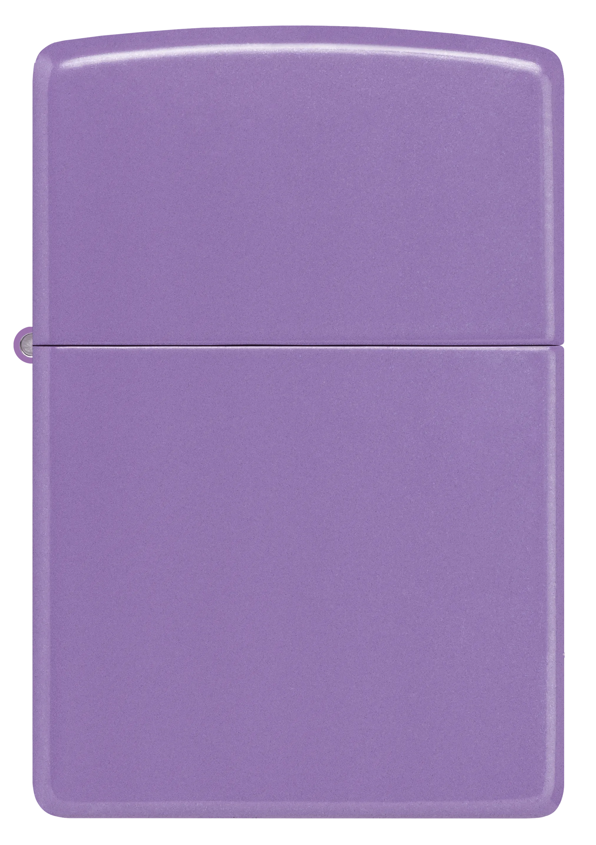 Ein lilafarbenes Feuerzeug von Zippo steht geschlossen und glänzt in einem gleichmäßig beleuchteten, neutralen Hintergrund.