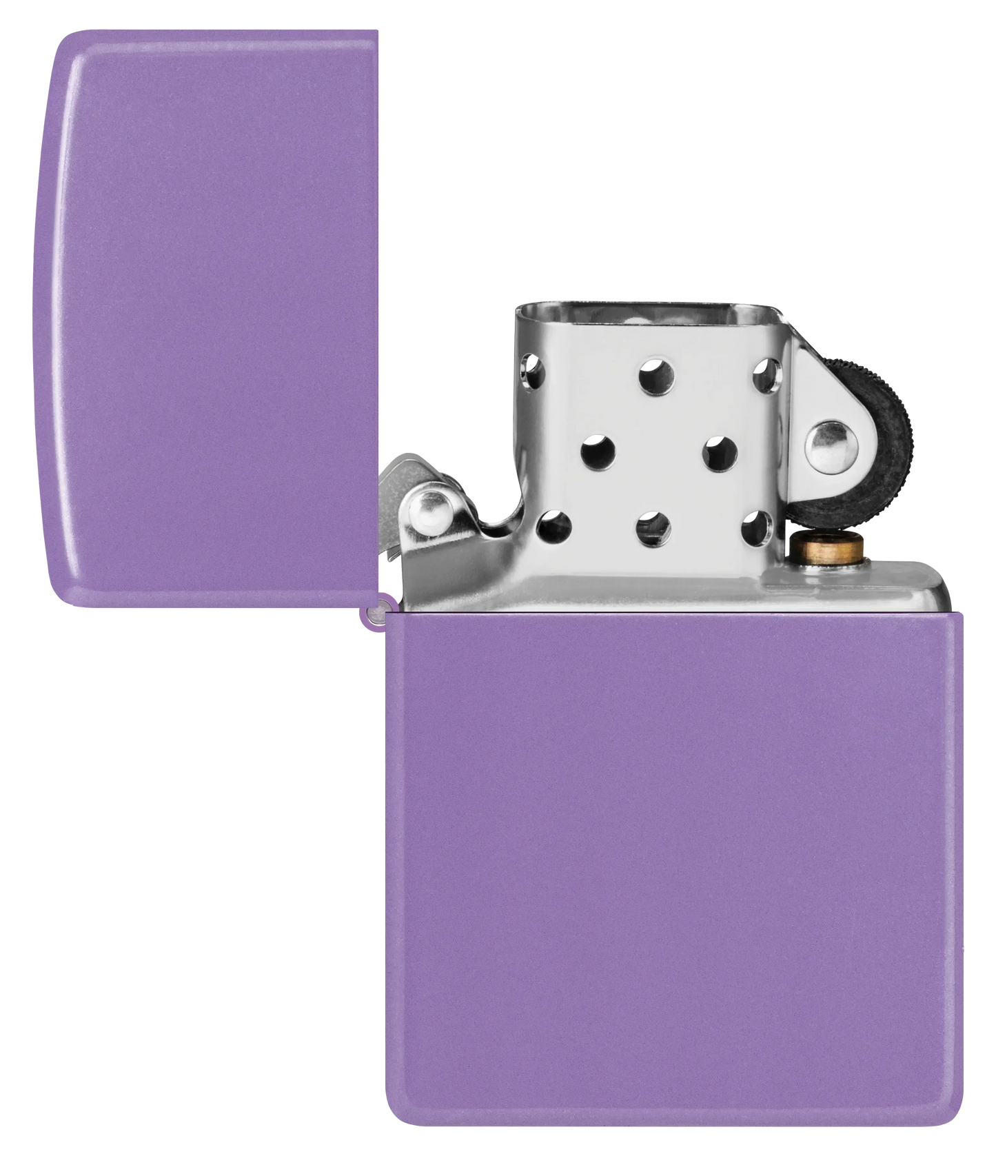 Ein lila Zippo-Feuerzeug steht offen, zeigt den metallischen Innenmechanismus, umgeben von einem schlichten, einfarbigen Hintergrund.