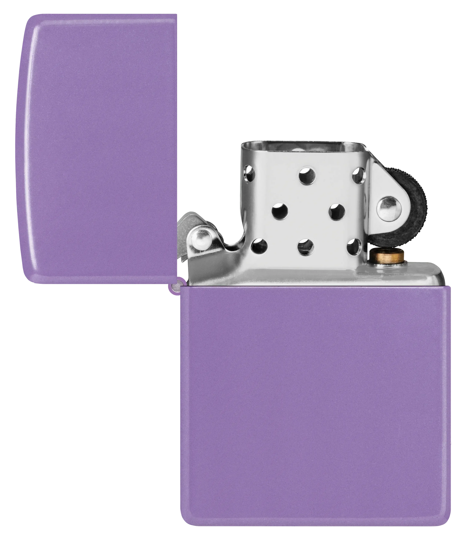 Ein lila Zippo-Feuerzeug steht offen, zeigt den metallischen Innenmechanismus, umgeben von einem schlichten, einfarbigen Hintergrund.