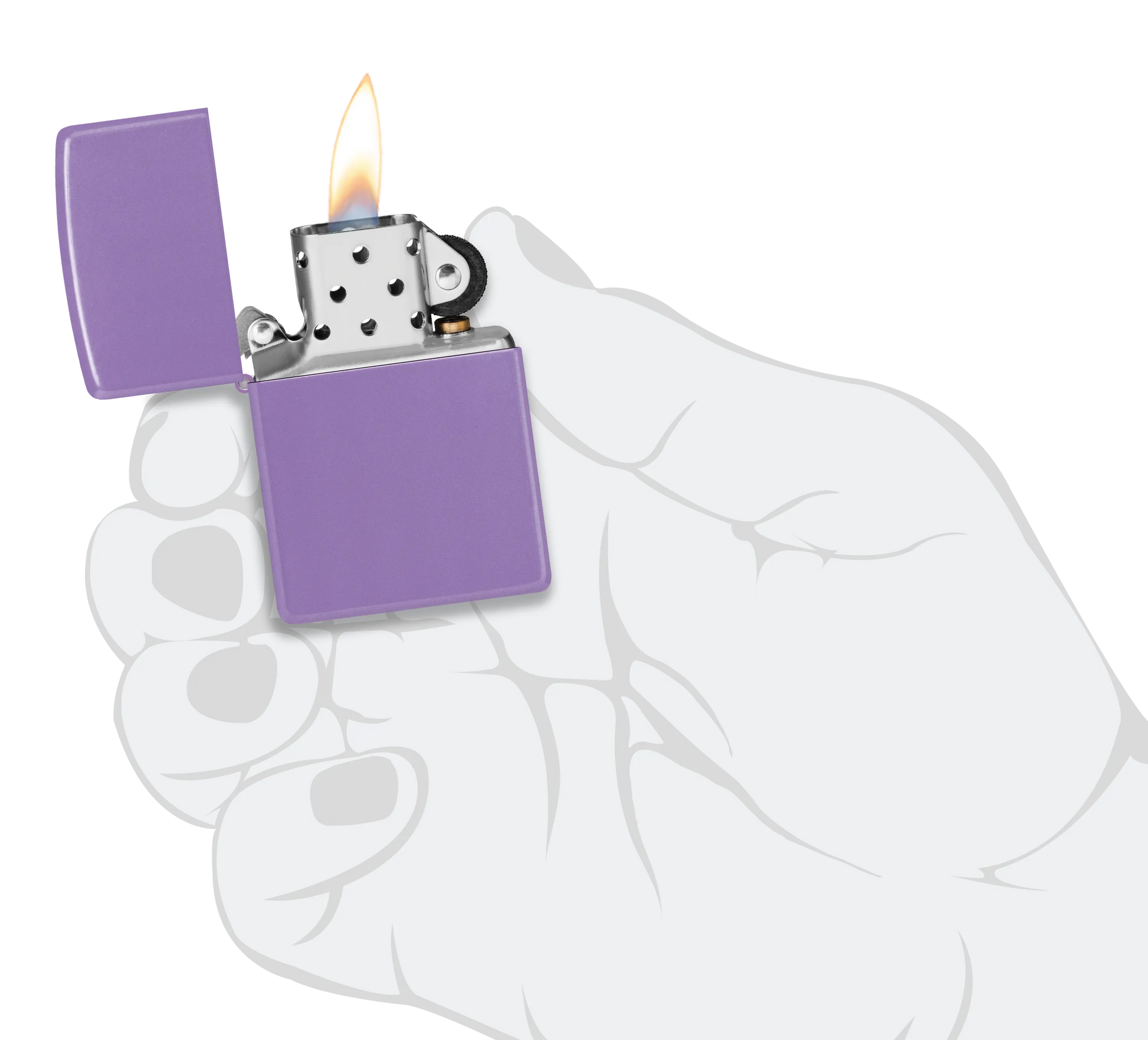 Ein lila Zippo-Feuerzeug wird in einer grauen Hand gehalten, während es mit einer orange-gelben Flamme brennt.