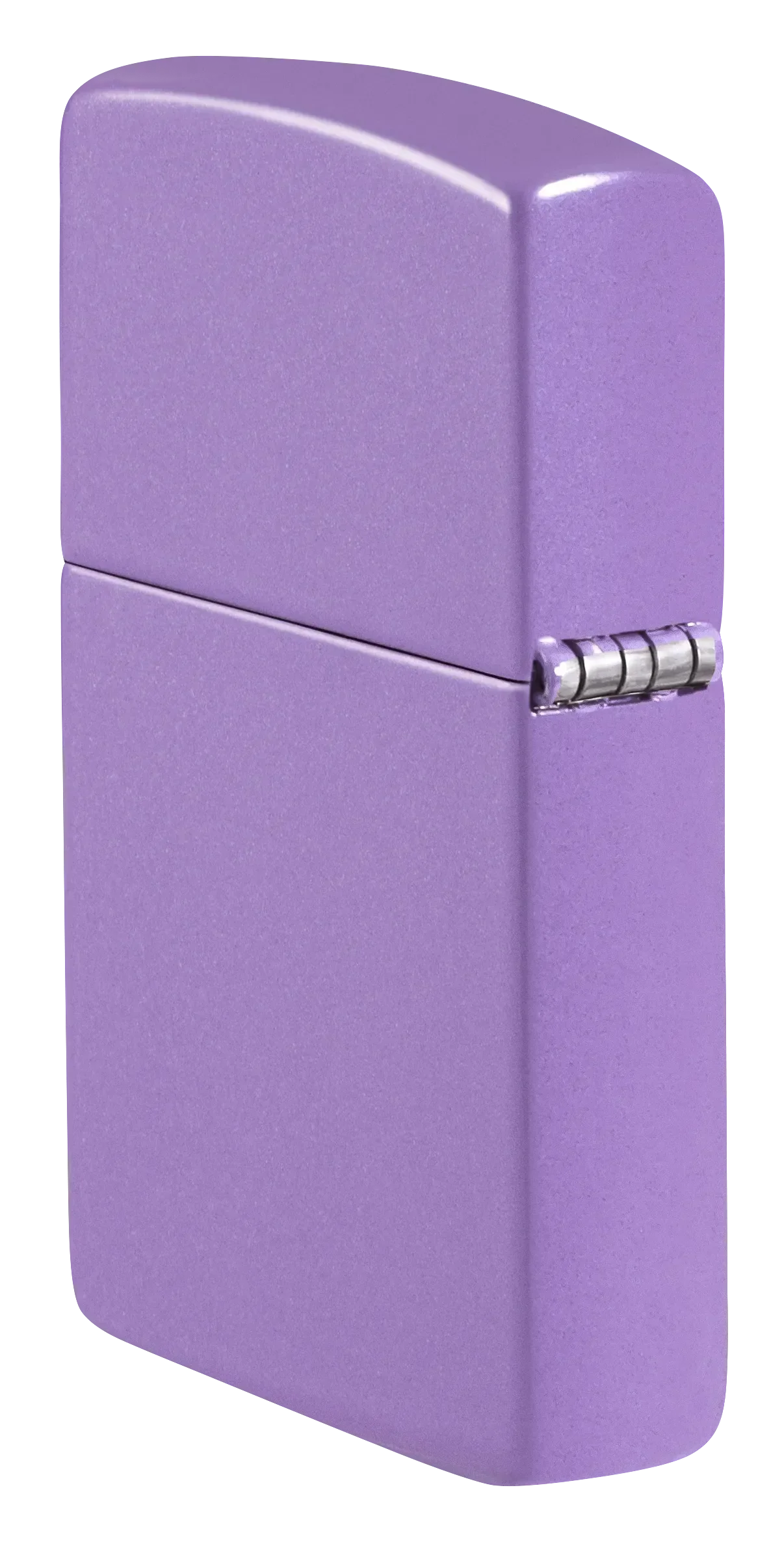 Ein lila Zippo-Feuerzeug steht geschlossen mit sichtbarem Scharnier in einem einfachen, neutralen Hintergrund.