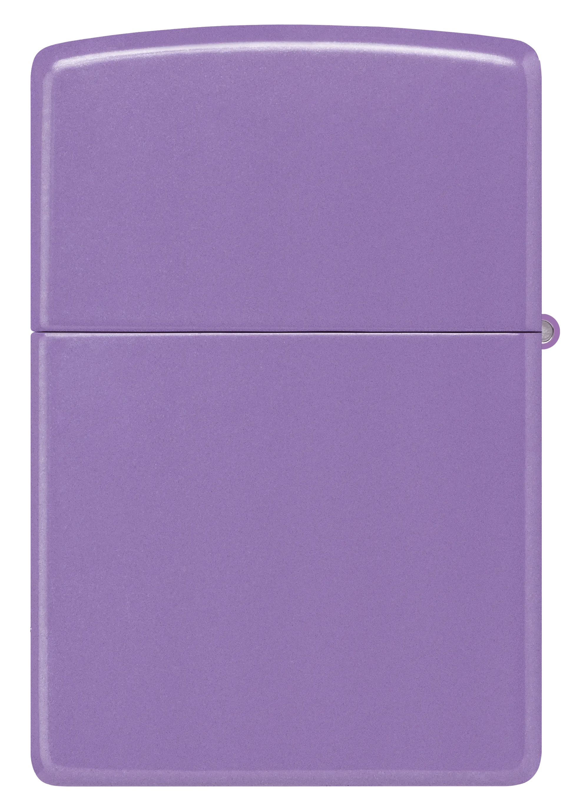 Ein lila Zippo-Feuerzeug steht vor einem neutralen Hintergrund und präsentiert seine rechteckige Form und glatte Oberfläche ohne zusätzliche Details oder Muster.