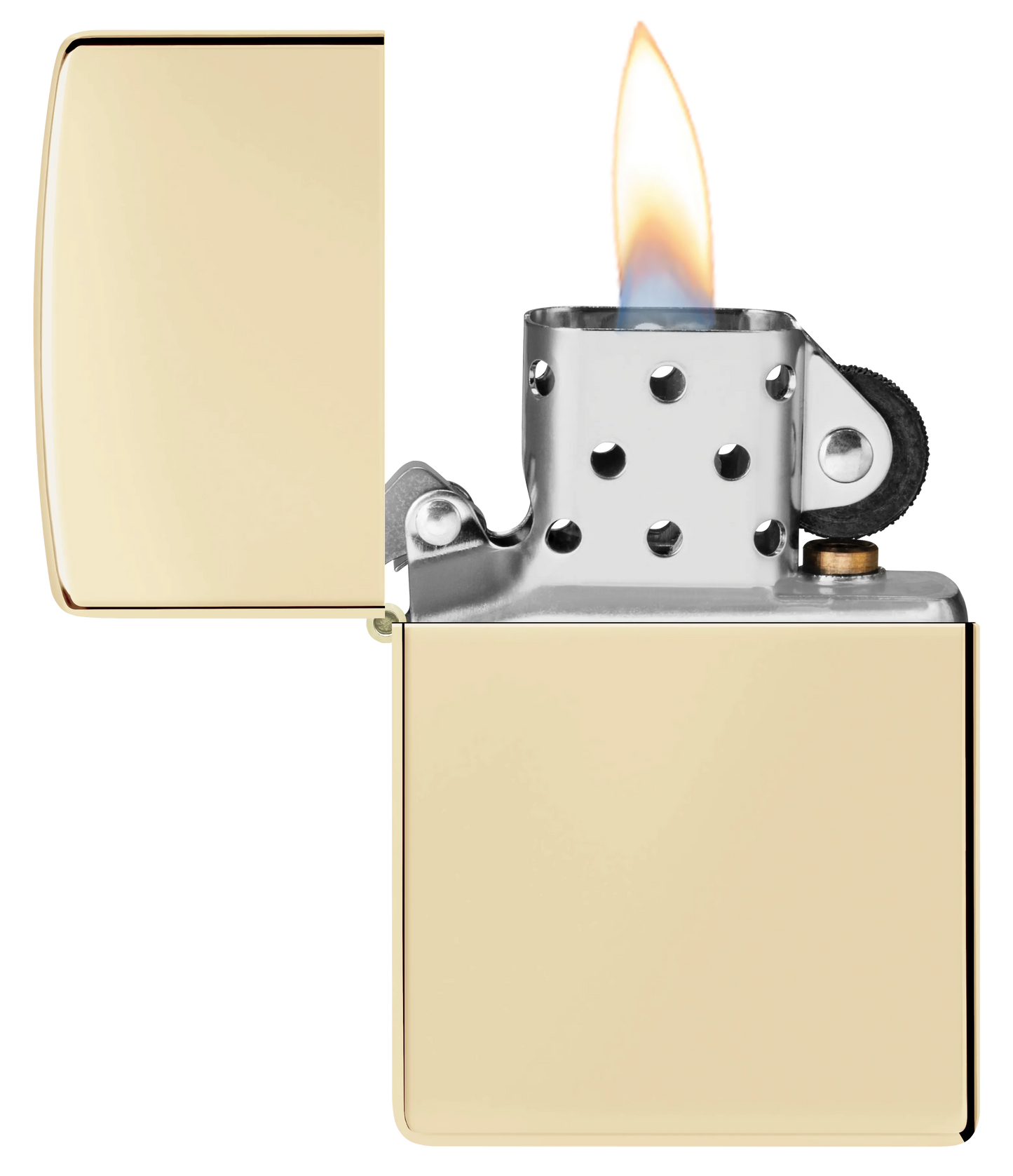 Ein goldenes Zippo-Feuerzeug brennt mit einer leuchtenden Flamme in einem schlichten, minimalistisch gestalteten Raum.