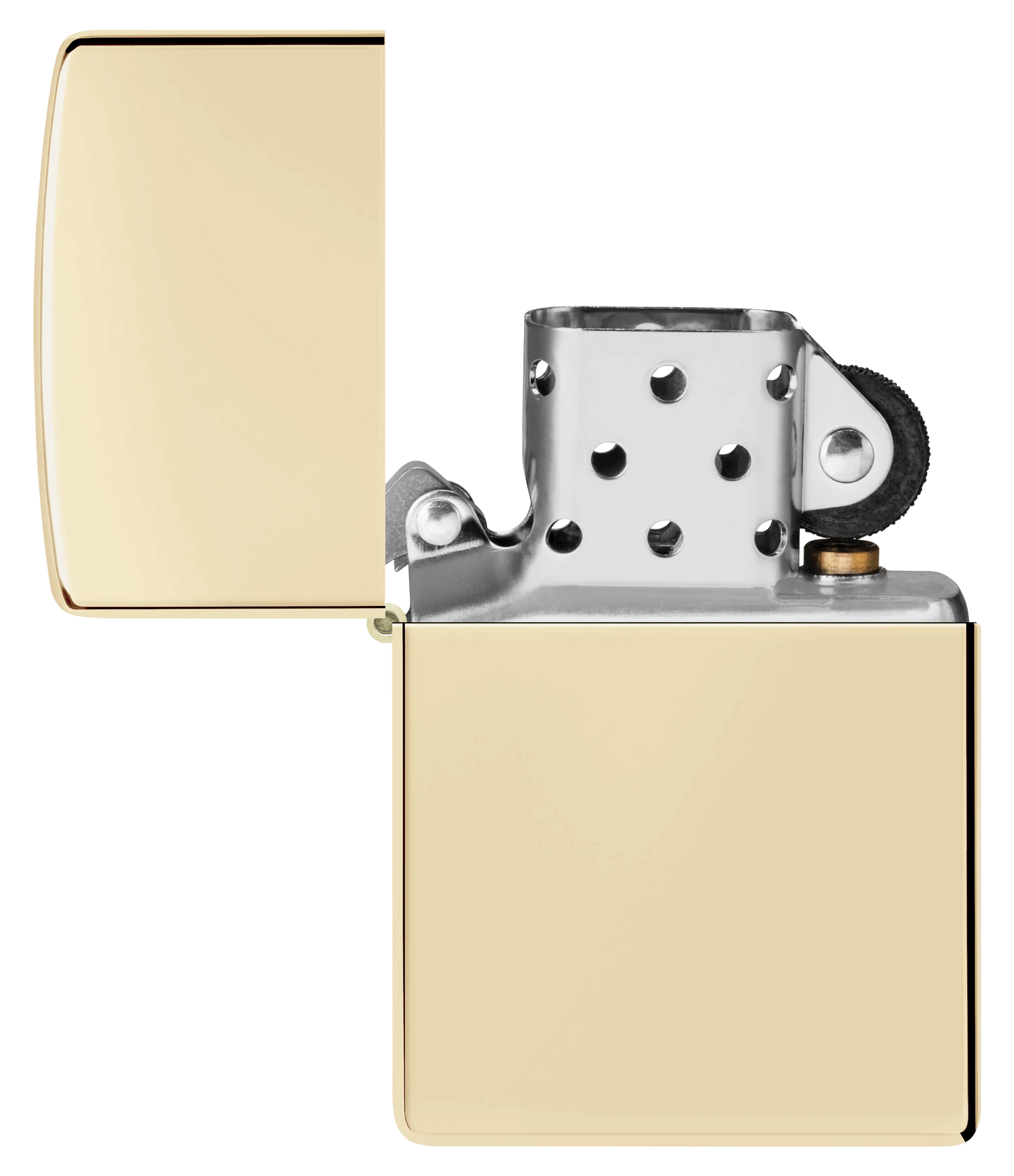 Ein goldfarbenes Zippo-Feuerzeug mit geöffnetem Deckel und sichtbarem Zündmechanismus steht isoliert auf einem weißen Hintergrund.