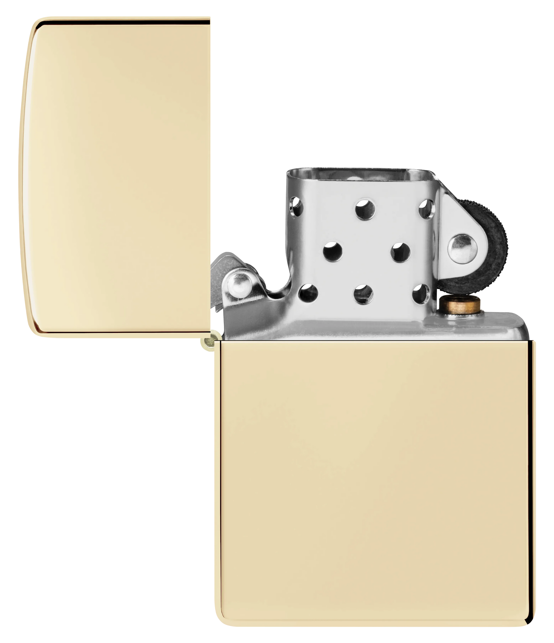 Ein goldfarbenes Zippo-Feuerzeug mit geöffnetem Deckel und sichtbarem Zündmechanismus steht isoliert auf einem weißen Hintergrund.